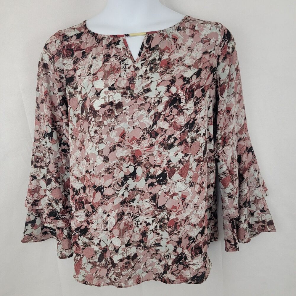 BELLE by Kim Gravel Womens Blouse Sz M Mauve PINK Leaves Bell Sleeve Flowy